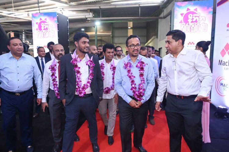 Seen here Industries and Entrepreneurship Development Minister Sunil Handunneththi (centre) along with Macktiles Lanka (Pvt) Ltd. Managing Director Mizver Makeen (right) and Macksons Holdings Chairman Milfer Makeen (extreme left) at the unveiling ceremony.